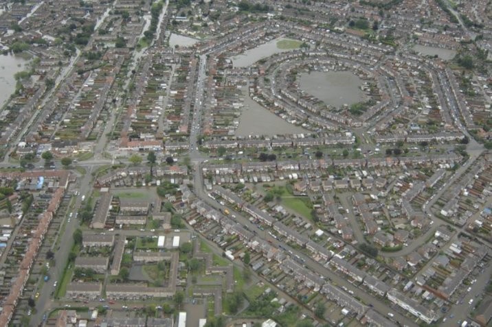Aerial photograph showing widespread flooding across Hull during the summer floods of 2007