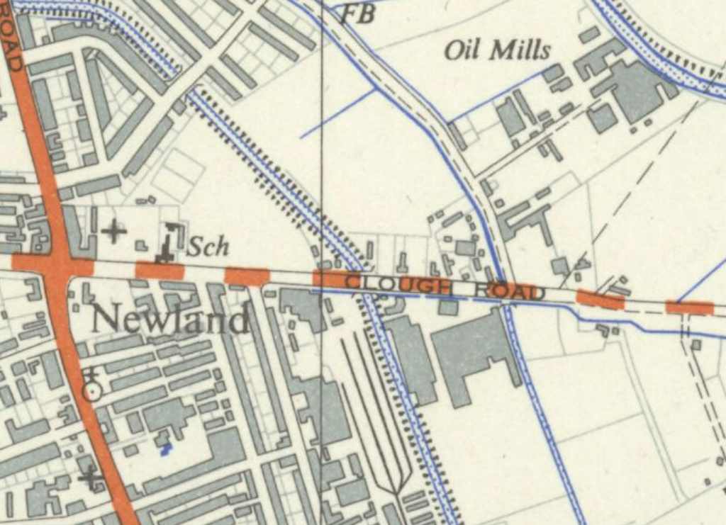 The Ordnance Survey map 1953 showing the beck crossing on the south side of Clough Road