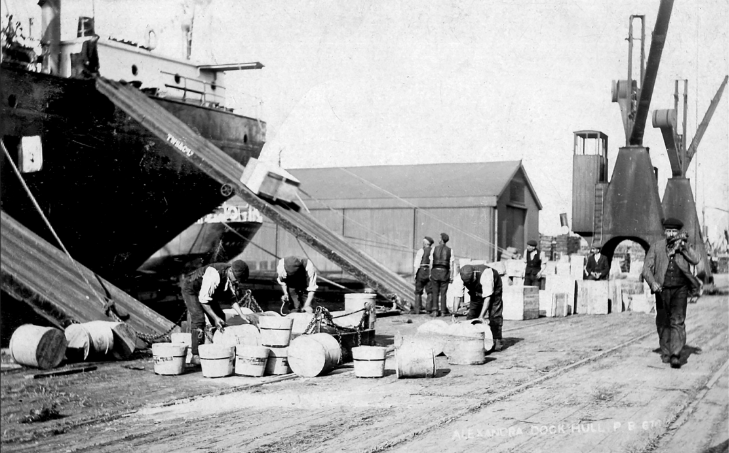 Dockers unloading a ship by hand on Alexandra Dock in 1905